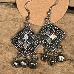 Vintage Boho Silver Tone Ornate Mosaic Iridescent Filigree Bell Dangle Earrings